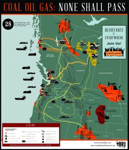Image of Pacific NW Fossil Fuel Export Map with the heading "Coal Oil Gas: None Shall Pass"